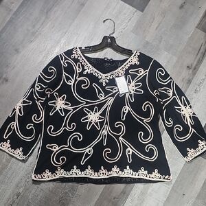 Investments Black V-Neck Blouse with Cream Floral Embroidery